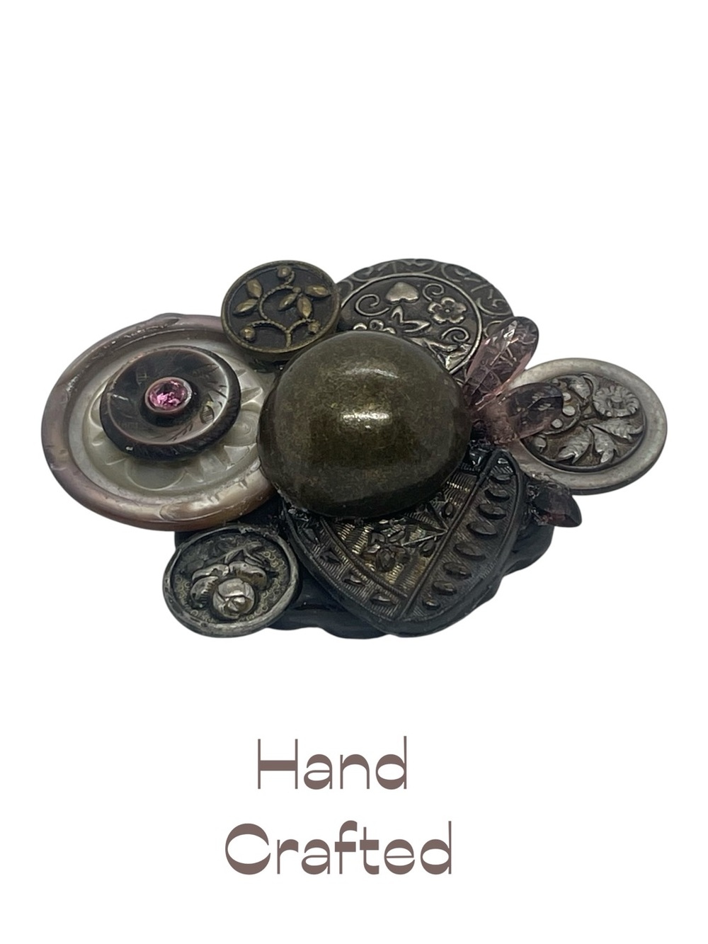 Hand Crafted Silver Bronze Glass Antique Button Brooch NWT